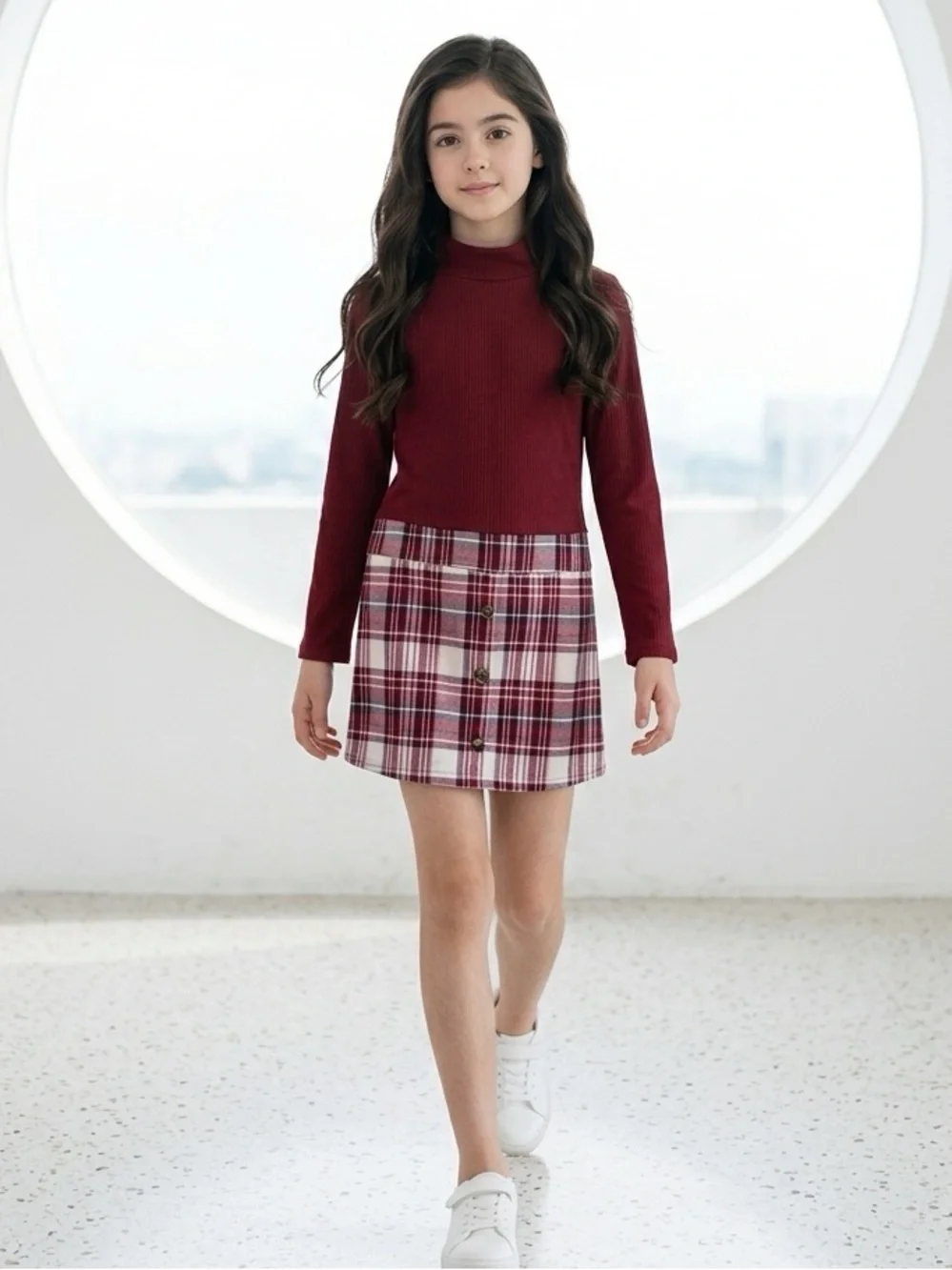 GUC - Knitworks Girls Red Maroon Cream Plaid Long Sleeve Dress - Size Large/14